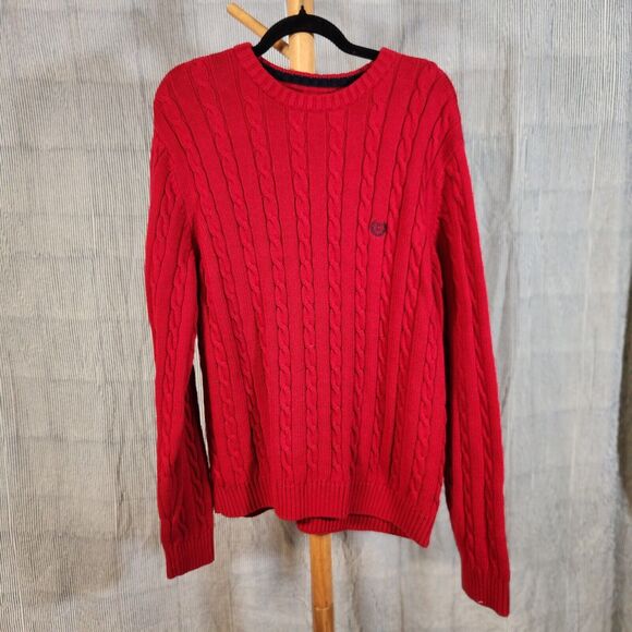 Chaps Ralph Lauren Large $95 Red Cable Knit Cotton Sweater Preppy Core - Picture 1 of 8